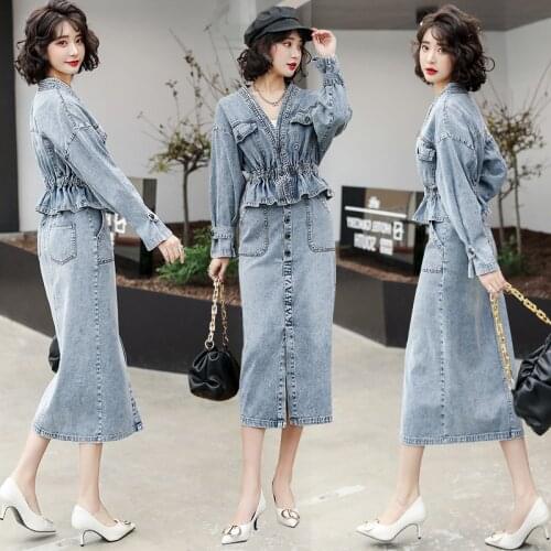 Denim dress suit female 2021 spring and autumn new fashion waisted fried street net red half-length skirt two-piece suit