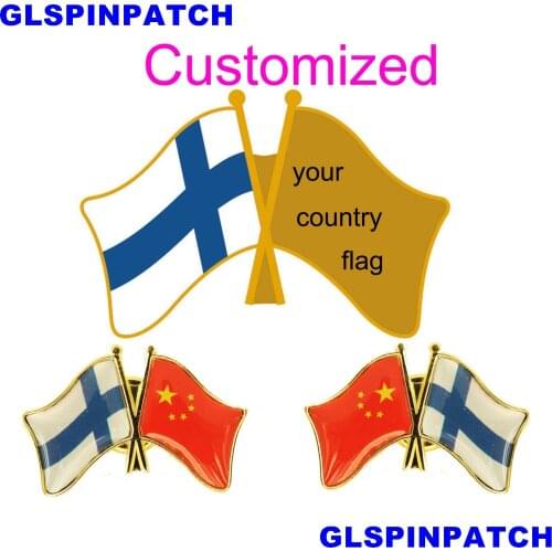 Finland Crossed Friendship Flag Double Country lapel pin Brooch USA UK France Chile Russia Saudi Arabia Japan Spain Badge