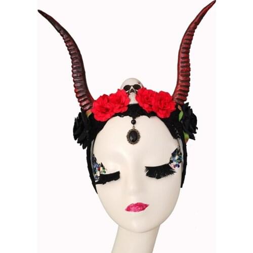Gothic Antelope Sheep Horn Headband Forest Animal Photography Antler Skull Rose Halloween Headpiece Costumes Steampunk