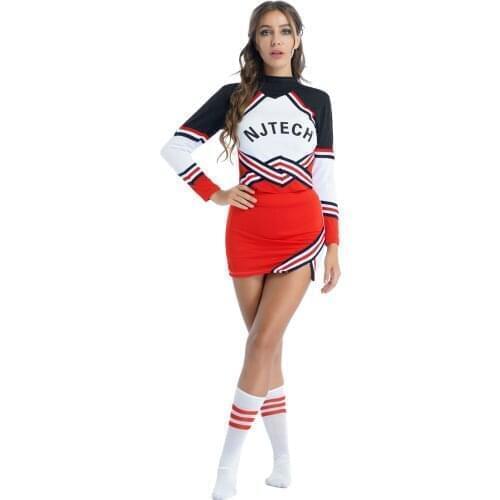 Hot Women Schoolgirl Costume Cheerleader Cosplay Uniform Sexy Lingerie Role Play Long Sleeve Striped Top with Miniskirt Stocking