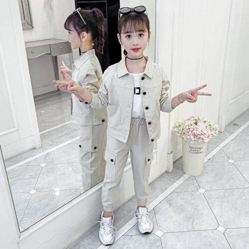 Trendy Children Clothing Girl Spring Autumn Suit 2021 New Little Girls Big Children Western Style Tooling Net Red Two-Piece Suit