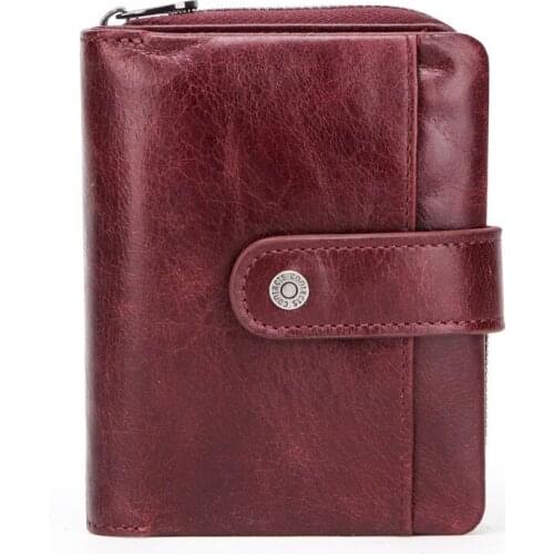 Trendy RFID anti-theft brushed leather ladies wallet with multi-function buckle zipper coin purse