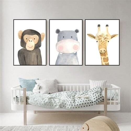 Cartoon Animal Big Bear Otter Lion Nursery Bedroom Picture Nordic Background Canvas Painting Wall Picture Poster Room Decoration