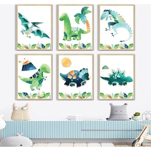 Cartoon Dinosaur Coconut Tree Sun Nursery Wall Art Canvas Painting Nordic Posters And Prints Wall Pictures For Living Room Decor