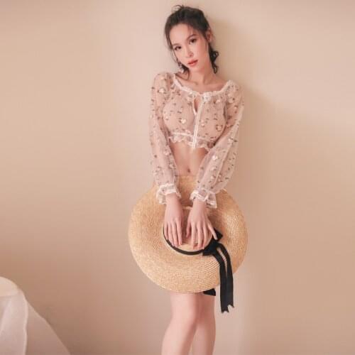 SleepWear for Women Ultra-thin Aesthetic Perspective Long-sleeved Embroidered Ultra-short Pajamas Sexy Lingerie Sleeping Clothes