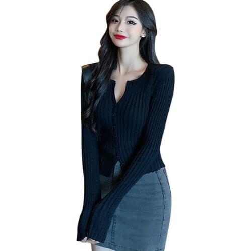 Korean t-Shirt Casual Slimming Womens t-Shirts Cropped Solid Color v-Neck Slim Fit Short Knit Cardigan Top One Size