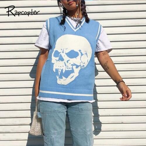 Rapcopter Y2K Sweaters Printed Pullovers V Neck Blue Knitwear Loose Casual Tank Top Women Streetwear Retro Knit Tops 2020 Autumn