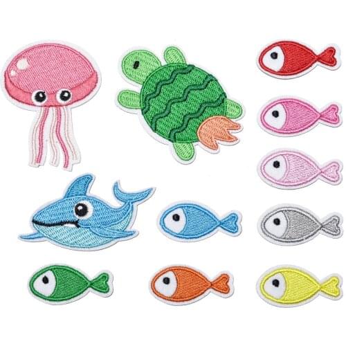 Self-adhesive Embroidery Patches Jellyfish Stick-on Patch Sea Turtle Small Fish Cute Appliques Set Embroidered Cloth DIY Decals