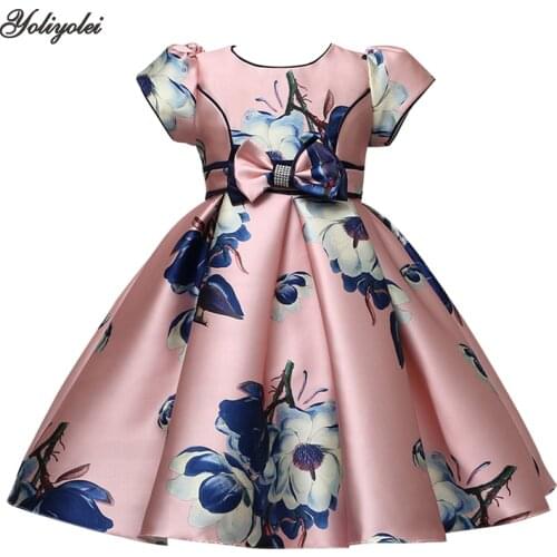 Yoliyolei Dress Girls Birthday Flower Print Dresses Children Clothing Casual Princess Evening Party Clothes With Bow Waistband