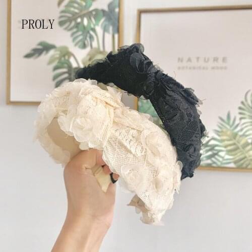 PROLY New Fashion Women Headband Fresh Lace Flower Hairband Big Bowknot Autumn Headwear Girls Casual Hair Accessories