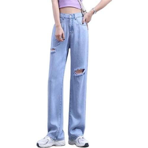 Beggar Denim Wide-leg Pants Women 2021 Female New Korean Of The High-waisted Thin Hole Summer Thin Loose Drape Mopping Pants 605