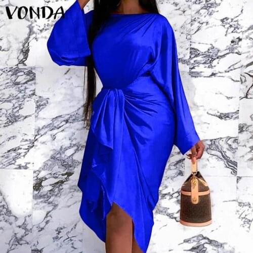 Women Long Sleeve Dresses 2021 VONDA Casual Belted Sexy Satin Slik Dress Loose Holiday Vestidos Oversized Knee-Length Robe