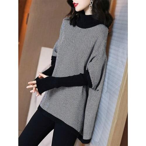 2020 Autumn/winter Plus Size Knitted Sweater Womens Mid-length Loose-fitting Striped Stitching Top