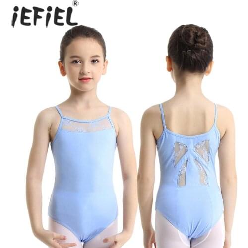 IEFiEL Kids Girls Lyrical Dance Costumes Turnpakje Lace Splice Bow Back Ballet Dance Tutu Ballerina Gymnastics Leotard Bodysuit