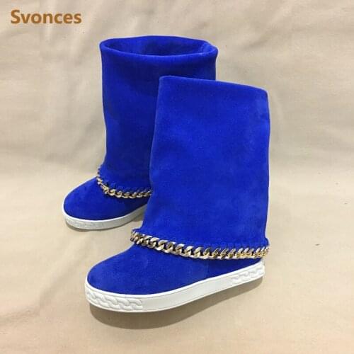 Winter Fashion Height Increasing Lady Boots Blue Luxury Platform High Heels Wedge Shoes Suede Leather Brand Womens Casual Shoes