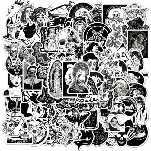 50/100PCS Black and White Gothic Punk Stickers Set For Boys Luggage Skateboard Laptop Mac Waterproof Stickers