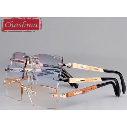 Chashma Diamond Trimmed Titanium Frame Bamboo Temple Tint Lenses Quality Rimless Prescription Glasses Frame for Man and Women