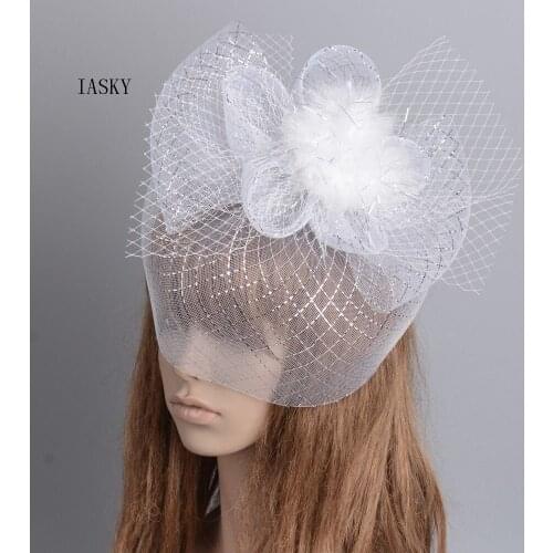White Feather Headwear Ladies Wedding Cocktail Party Ladies Strip Mesh Veil Fascinator Hair Clips White Bride Hair Accessories