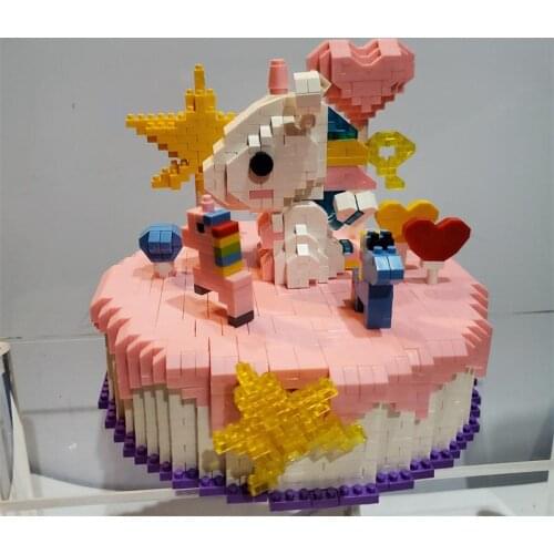 Mini Blocks Happy Birthday Wedding Cake Model Food Flamingo Animal Diamond Building Small Bricks Toys for Children Xmas Gifts