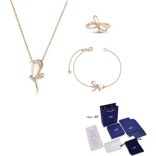 Fashion SWA Necklace Bracelet Ring New DRAGONFLY Set Rose Gold Shell Dragonfly Decoration Women Jewelry Gift Free Shipping