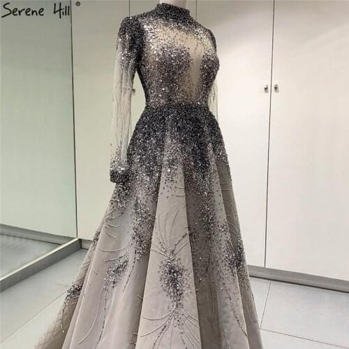 Muslim Grey High Neck Luxury Prom Dresses 2020 A-Line Design Crystal Long Sleeves Prom Gowns Serene Hill BLA60975