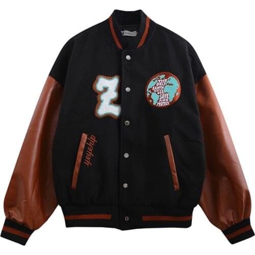 Men Hip Hop Varsity Baseabll Jacket Embroidery Streetwear Outwear Tops Male Patchwork Pu Leather Sleeves