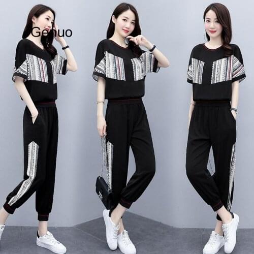 Summer 2020 New 2 Piece Set Korean Loose Fashion Short Sleeved Nine-point Pants Casual Two Piece Set Women Clothes Khaki White