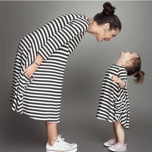 New Black And White Striped Parent-Child Dress For Girls In Autumn 2020 Long Sleeve Skirt For Girls
