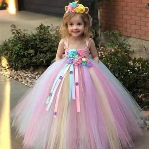 Girls Pastel Unicorn Flower Tutu Dress Kids Fluffy Crochet Long Tulle Dress Ball Gown with Hairbow Children Wedding Party Dress