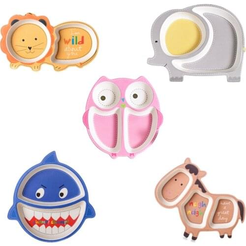 Cute Cartoon Animals Bamboo Fiber Kids Baby Children Grid Dinner Plate Solid Feeding Dinnerware Tableware