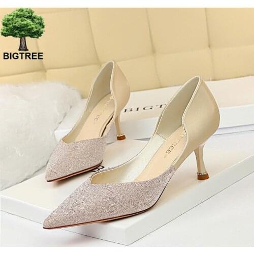 BIGTREE Women Shoes Rhinestone Heels Fashion Brand Pumps Women Shoes Sexy Pointed Wine Glass With Kitten Heels 2020 Low Heels