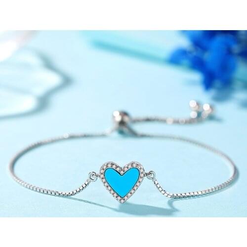 Vintage 925 Sterling Silver 7*8MM Blue Heart Bracelet For Women Romantic Wedding Engagement Fine Jewelry