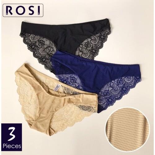 Ice Silk Panties Women Seamless Lace Panty Cotton Sexy Transparent Mesh Breathable Briefs Low-Rise Underwear for Ladies 3PcsROSI