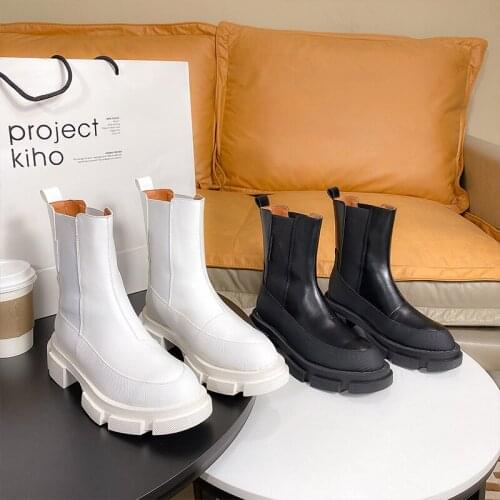 Krasovki Chelsea Boots Slip on Genuine Leather Women Boots Ankle Shoes Autumn Winter Motorcycle Punk Platform Heel Shoes Booties