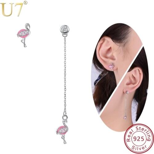 U7 Cute Animal Bird Flamingo 925 Sterling Silver Asymmetry Pink Drop Earrings for Women Party Jewelry Gifts Brincos SC139