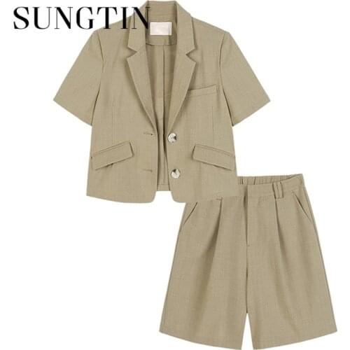 Sungtin 2 Piece Women Short Set with Blazer Casual Shorts Cropped Blazer 2 Pieces for Office Single Breasted Korean Chic Summer