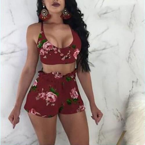 Ladies Two Piece Casual Wear Floral Print V Neck Crop Top Elastic Waist Short Suit Straight Shorts Sexy Woman 2 Piece Suit