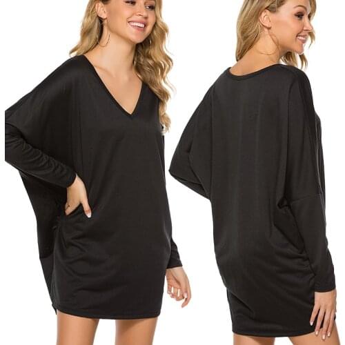 Womens Casual Sweatshirts Lady Autumn Fashion Solid Color V-neck Loose Shoulder Bat Sleeve long-sleeved Casual Clothing