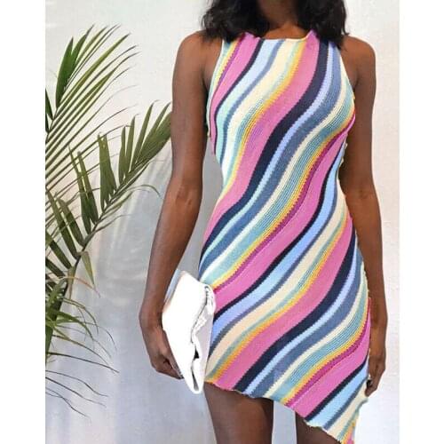 Sexy Sleeveless Knitted Dress Chic Women Summer Vacation Beach Style Sexy Backless Deep V-neck Halter Dress Y2K Streetwear 2021