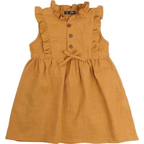 2021 0-6Y Toddler Kid Girls Princess Dress Summer Sleeveless Ruffle Trim Crew Neck Yellow Solid Bowknot Sundress Clothes