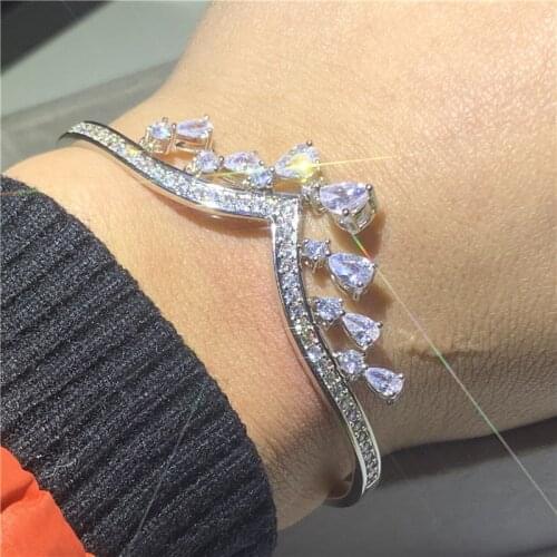 Luxury Fashion Jewelry 100% 925 Sterling Silver Water Drop White Diamond Adjustable Bangle Party Women Wedding Bridal Bangle