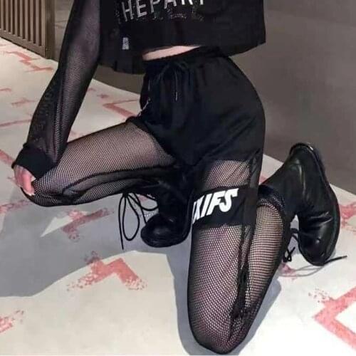 2021 Sweatpants Trousers Womens Sports High-waisted Trousers Fishnet Streetwear Loose Patchwork Letter Cutout Mesh Pants Bottom