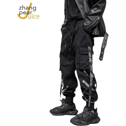 Men Hip Hop Joggers Mens Black Harem Pants Pocket Ribbons Mens Sports Pants Streetwear Cargo Pants Streetwear