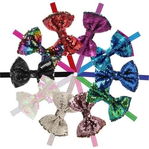 XIMA 10pcs/lot 5''Hair Reversible Sequin Bows Hair Band Girls Headband Hairband for Kids Elastic Headband Hair Accessories