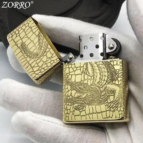 Zorro Pure Copper Kerosene Lighter Fine Carving Crocodile Pattern Brass Smoking Tool Gasoline Lighter