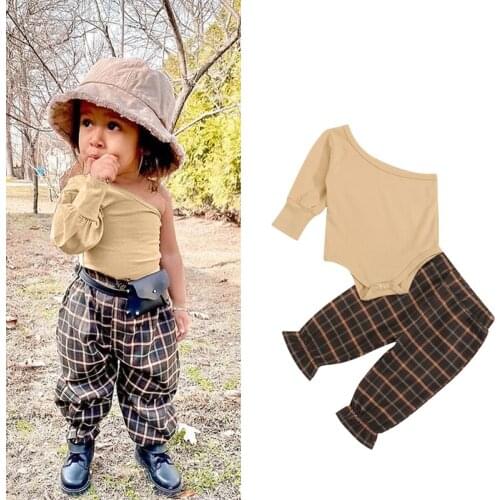 2Pcs Baby Girls Clothes Sets 2021 Autumn Toddler One Shoulder Long Sleeve Bodysuit Tops + Loose Plaid Pants Casual Infant Outfit