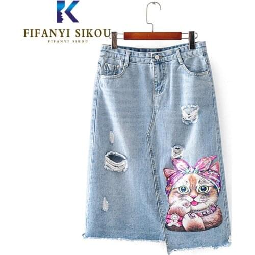 Summer Women Plus Size Denim Skirt Fashion Cartoon Sequins Hole High waist Mid Long Skirt Loose Asymmetry A-Line Jeans Skirts