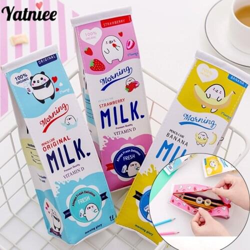 Yatniee Cartoon Cute Milk Pencil Case Big Capacity Stationery Pen Bag Creative Student Portable Pencilcase