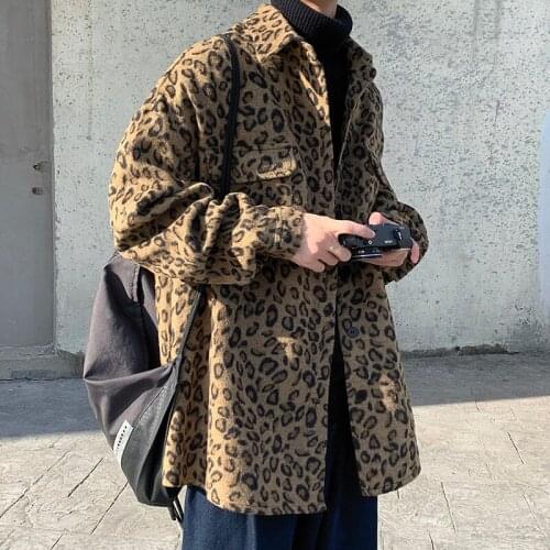Mens Loose Leopard Jacket Lapel Gray Brown Single Breasted Brown Gray Coat Hip-hop Outwear M8
