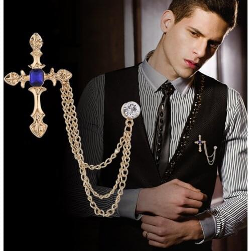 Korean New High-end Metal Cross Brooch Crystal Rhinestone Tassel Chain Lapel Pin Fashion Mens Suit Badge for Women Accessories